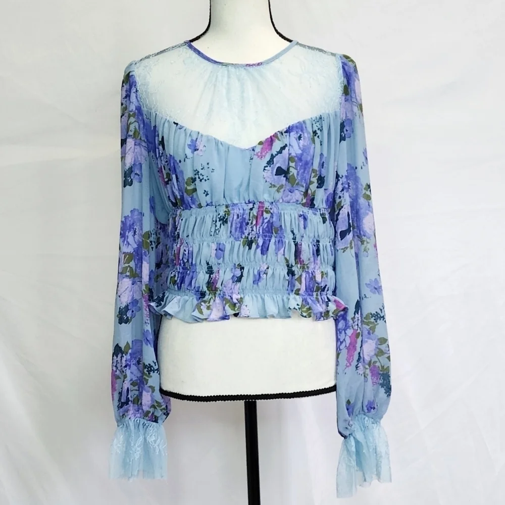 Free People Lace Sheer Smocked Crew Neck Keyhole Back Cropped Long Sleeve Top